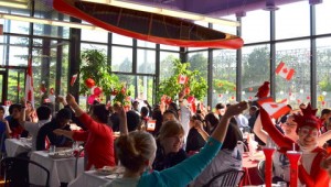 Cafe decorated with Canadian flags