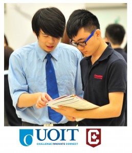 Students reading brochure